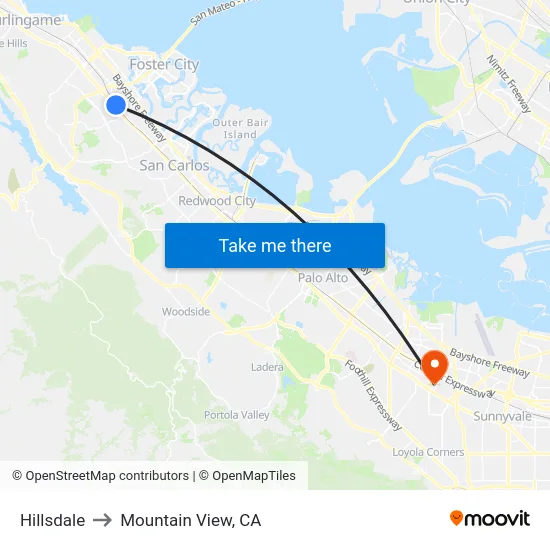 Hillsdale to Mountain View, CA map