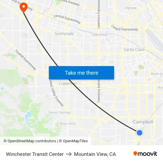 Winchester Transit Center to Mountain View, CA map