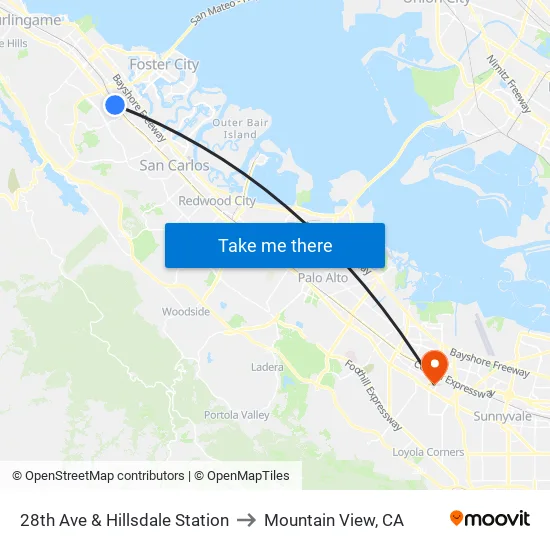 28th Ave & Hillsdale Station to Mountain View, CA map