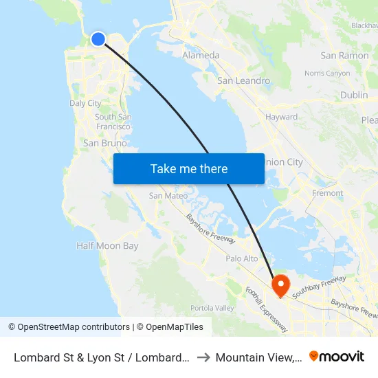 Lombard St & Lyon St / Lombard Gate to Mountain View, CA map