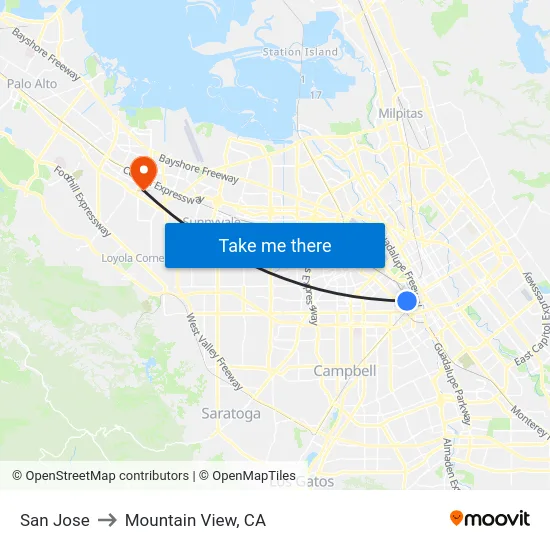 San Jose to Mountain View, CA map
