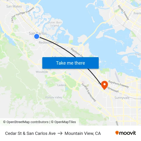 Cedar St & San Carlos Ave to Mountain View, CA map