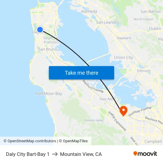 Daly City Bart-Bay 1 to Mountain View, CA map