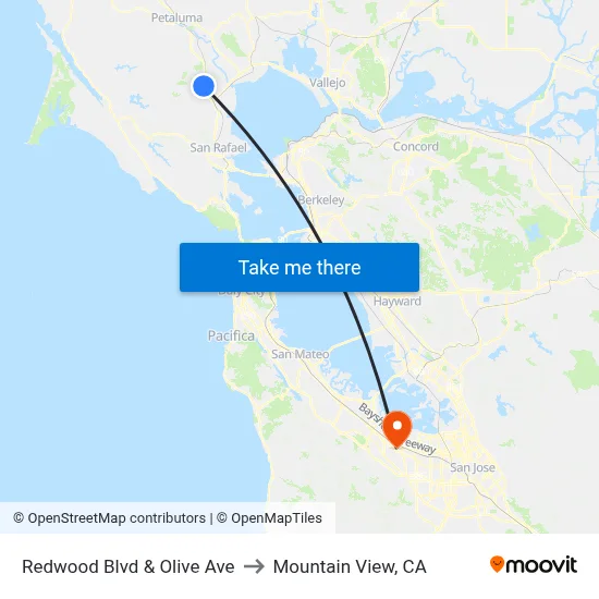 Redwood Blvd & Olive Ave to Mountain View, CA map