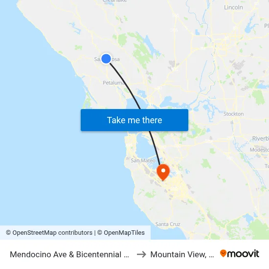 Mendocino Ave & Bicentennial Way to Mountain View, CA map