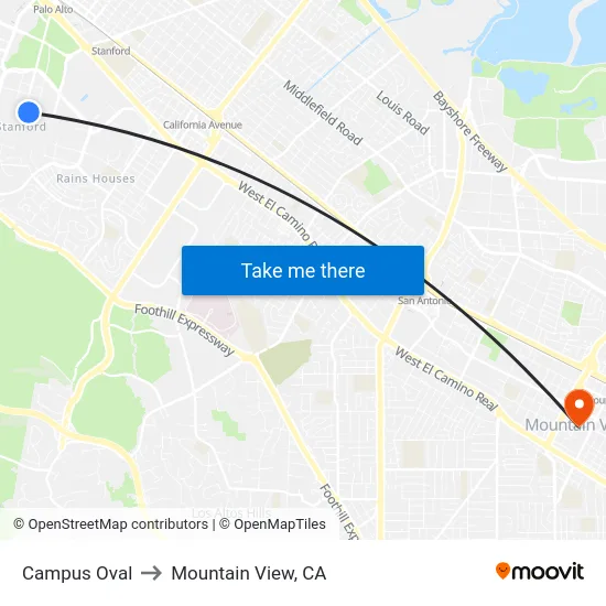 Campus Oval to Mountain View, CA map