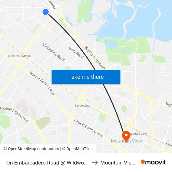 On Embarcadero Road @ Wildwood Lane to Mountain View, CA map