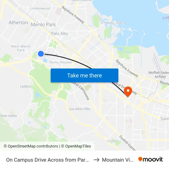 On Campus Drive Across from Parking Lot L-22 to Mountain View, CA map