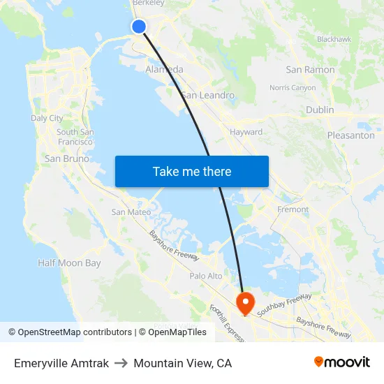 Emeryville Amtrak to Mountain View, CA map