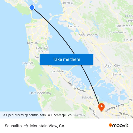 Sausalito to Mountain View, CA map