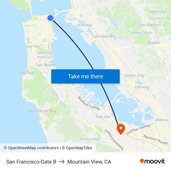 San Francisco-Gate B to Mountain View, CA map