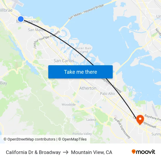 California Dr & Broadway to Mountain View, CA map