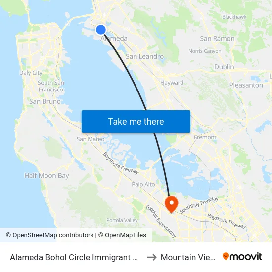 Alameda Bohol Circle Immigrant Park Dock to Mountain View, CA map
