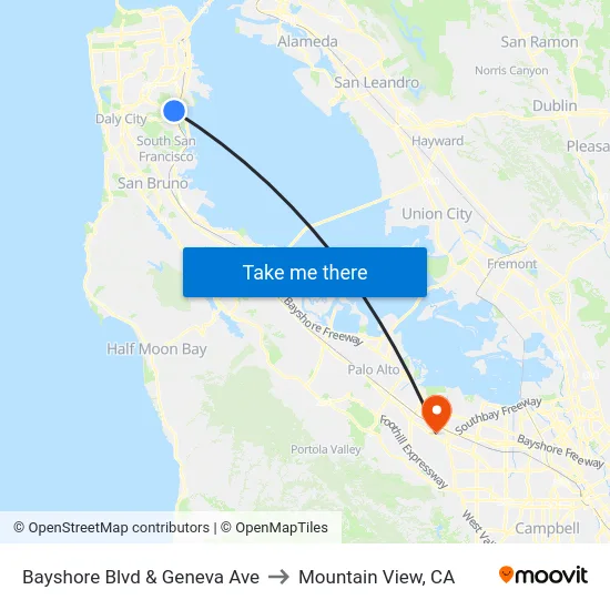 Bayshore Blvd & Geneva Ave to Mountain View, CA map