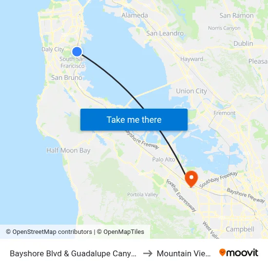 Bayshore Blvd & Guadalupe Canyon Pkwy to Mountain View, CA map