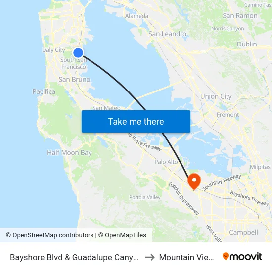 Bayshore Blvd & Guadalupe Canyon Pkwy to Mountain View, CA map