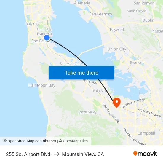 255 So. Airport Blvd. to Mountain View, CA map