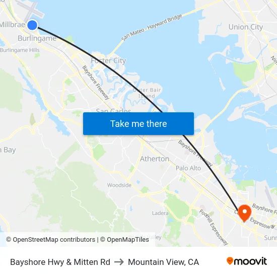 Bayshore Hwy & Mitten Rd to Mountain View, CA map