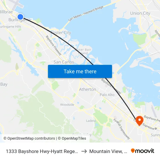 1333 Bayshore Hwy-Hyatt Regency to Mountain View, CA map