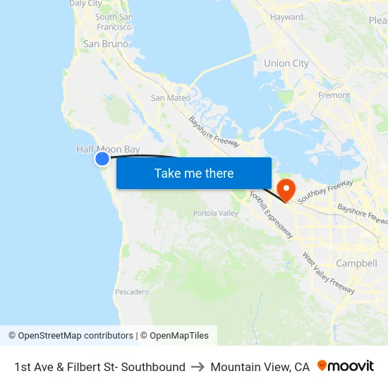 1st Ave & Filbert St- Southbound to Mountain View, CA map