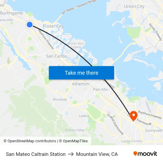 San Mateo Caltrain Station to Mountain View, CA map