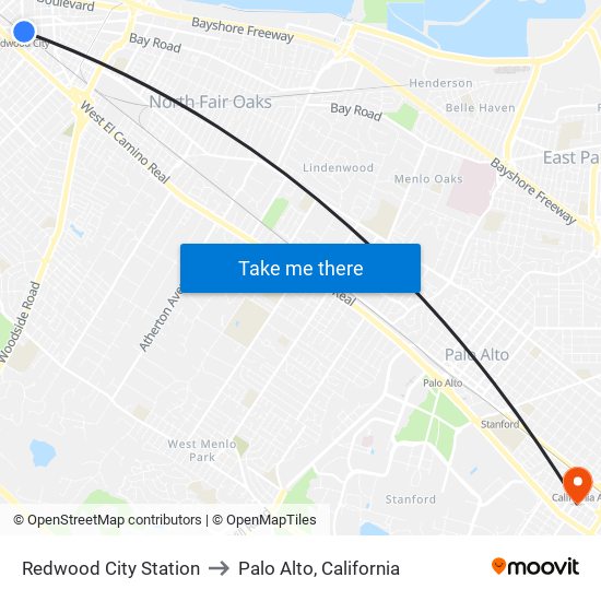 Redwood City Station to Palo Alto, California map