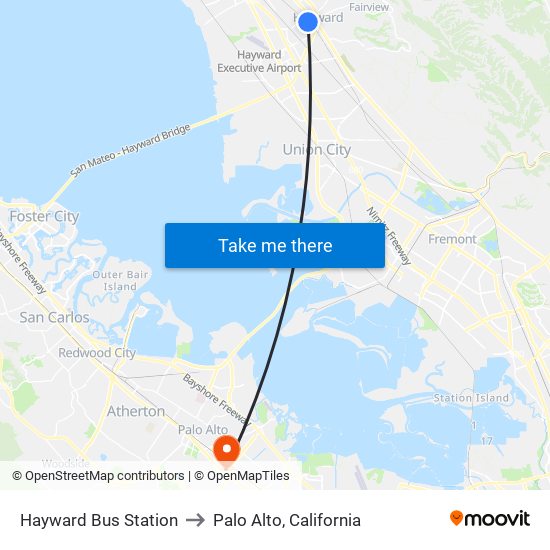 Hayward Bus Station to Palo Alto, California map