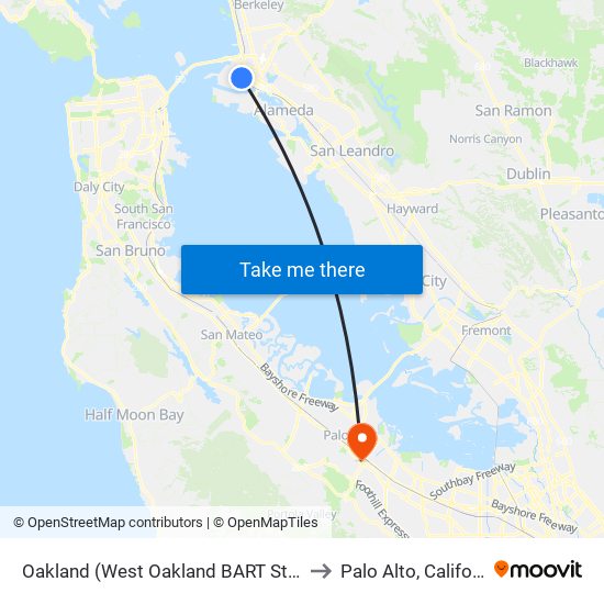 Oakland (West Oakland BART Station) to Palo Alto, California map