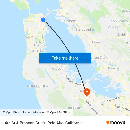 4th St & Brannan St to Palo Alto, California map