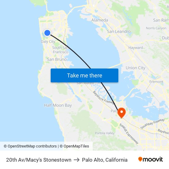20th Av/Macy's Stonestown to Palo Alto, California map