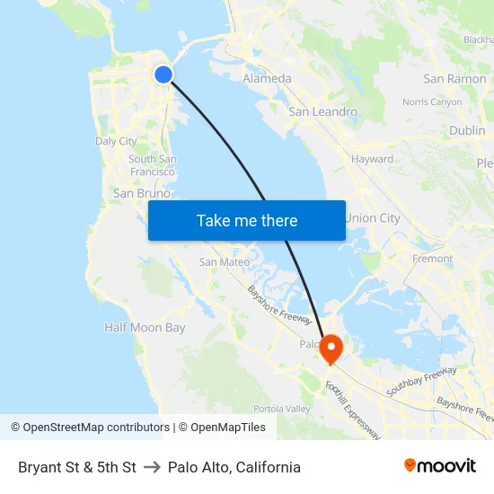 Bryant St & 5th St to Palo Alto, California map