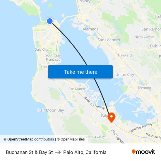 Buchanan St & Bay St to Palo Alto, California map