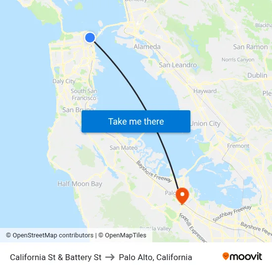 California St & Battery St to Palo Alto, California map