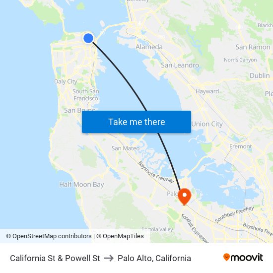 California St & Powell St to Palo Alto, California map