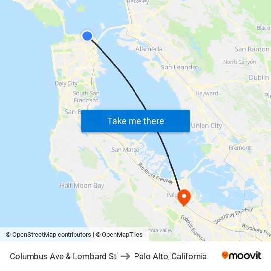 Columbus Ave & Lombard St to Palo Alto, California map