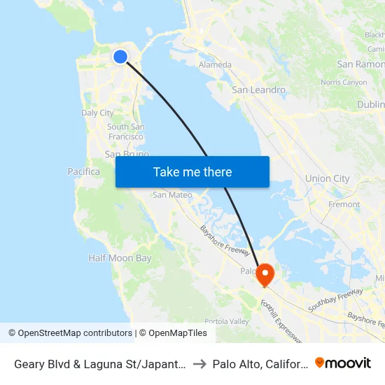 Geary Blvd & Laguna St/Japantown to Palo Alto, California map