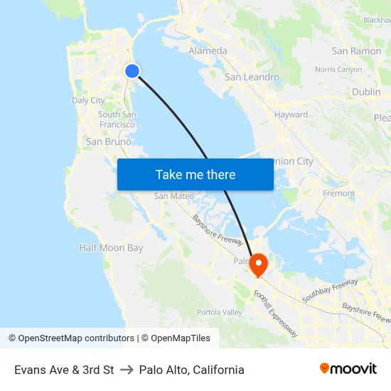 Evans Ave & 3rd St to Palo Alto, California map