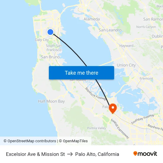 Excelsior Ave & Mission St to Palo Alto, California map