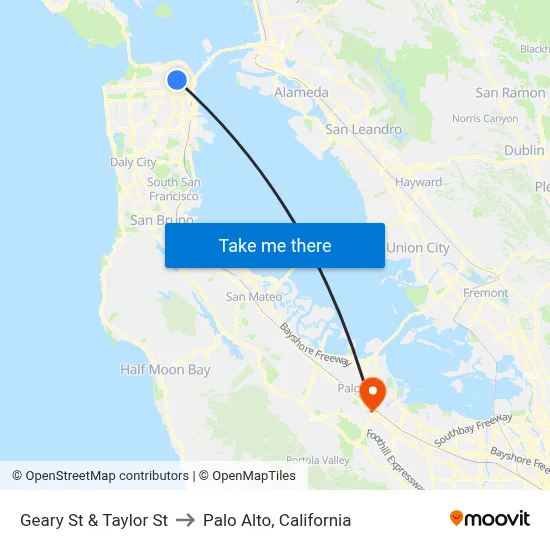 Geary St & Taylor St to Palo Alto, California map