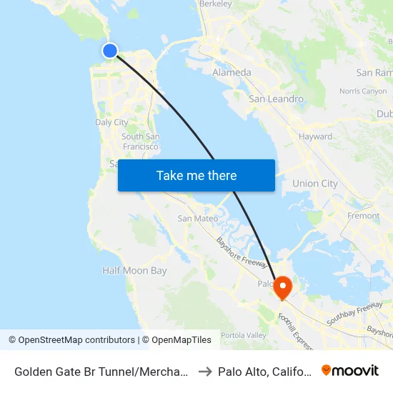 Golden Gate Br Tunnel/Merchant Rd to Palo Alto, California map