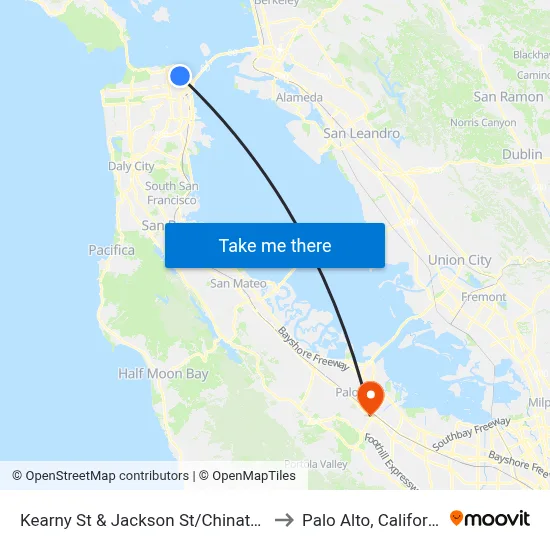 Kearny St & Jackson St/Chinatown to Palo Alto, California map