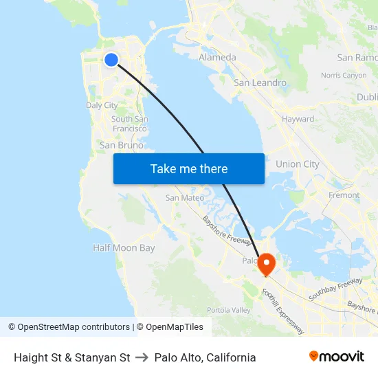 Haight St & Stanyan St to Palo Alto, California map