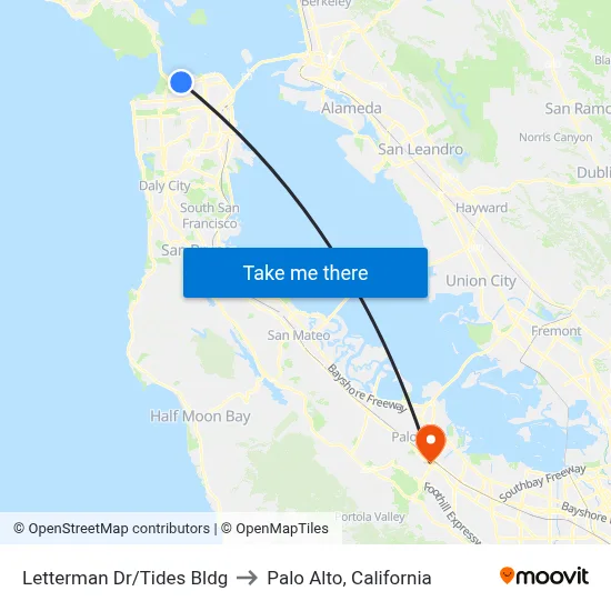 Letterman Dr/Tides Bldg to Palo Alto, California map