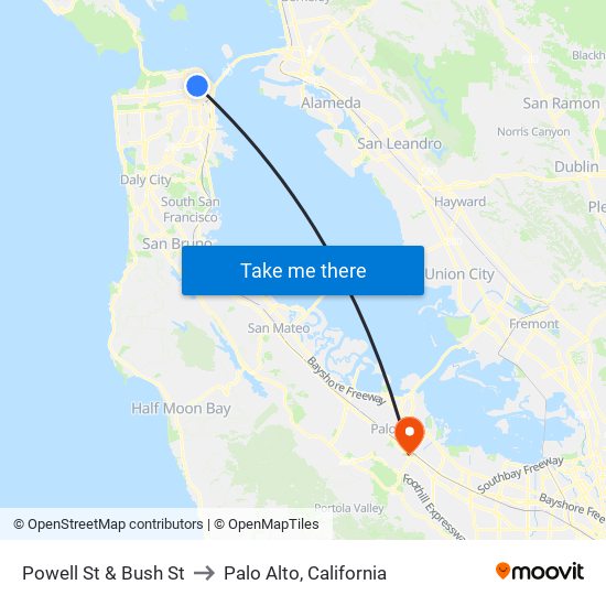 Powell St & Bush St to Palo Alto, California map