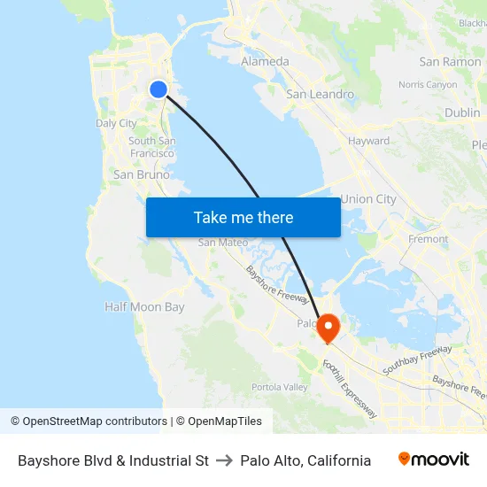 Bayshore Blvd & Industrial St to Palo Alto, California map
