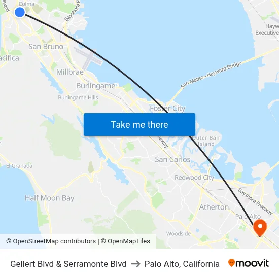 Gellert Blvd & Serramonte Blvd to Palo Alto, California map