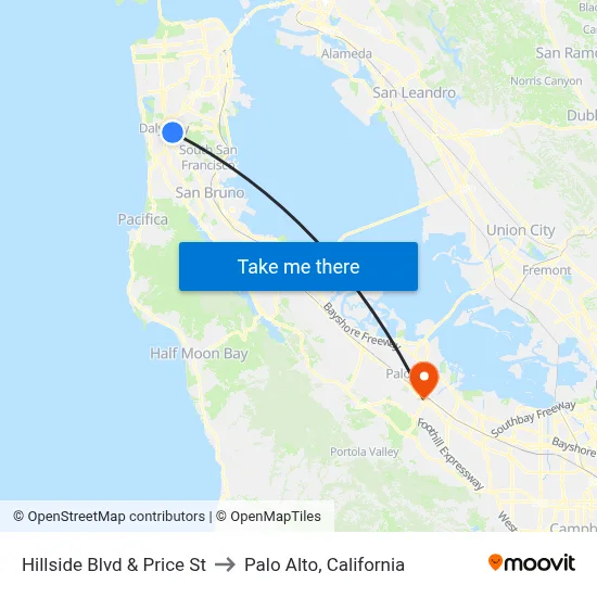 Hillside Blvd & Price St to Palo Alto, California map