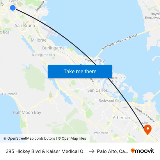 395 Hickey Blvd & Kaiser Medical Offices Driveway to Palo Alto, California map