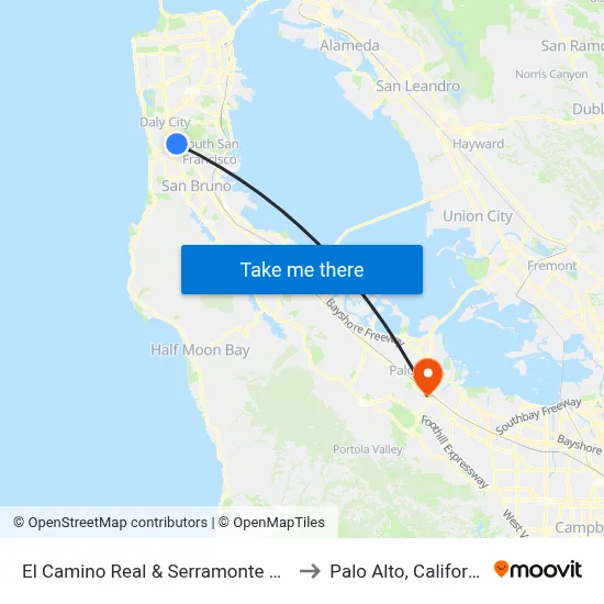 El Camino Real & Serramonte Blvd to Palo Alto, California map