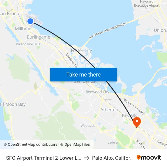 SFO Airport Terminal 2-Lower Level to Palo Alto, California map